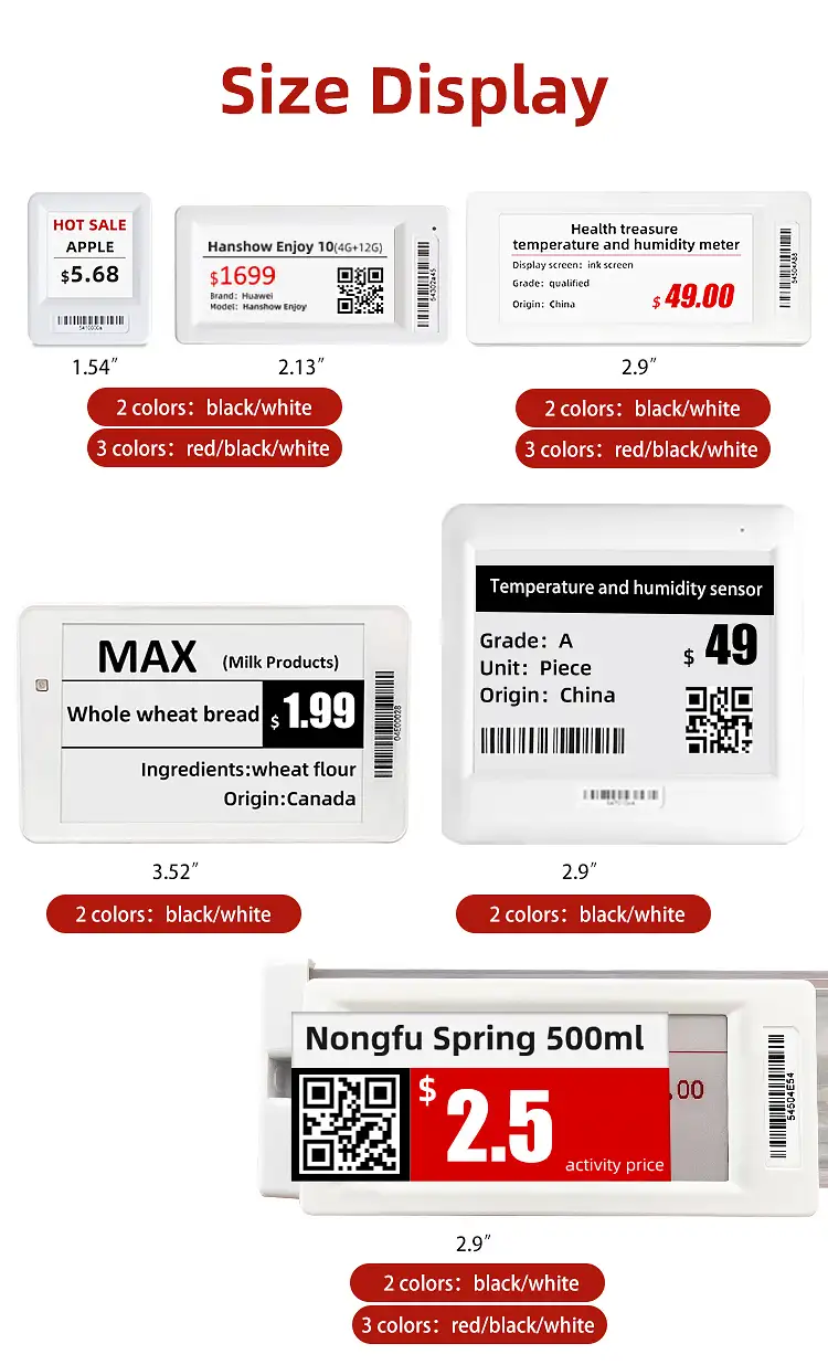 diferentes tamanhos de etiquetas de preço em tinta eletrónica